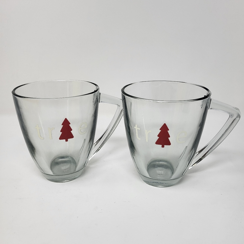 2 Glass Coffee Cups Mugs 16 oz. triangle handle glass Christmas Tree See Thru‎